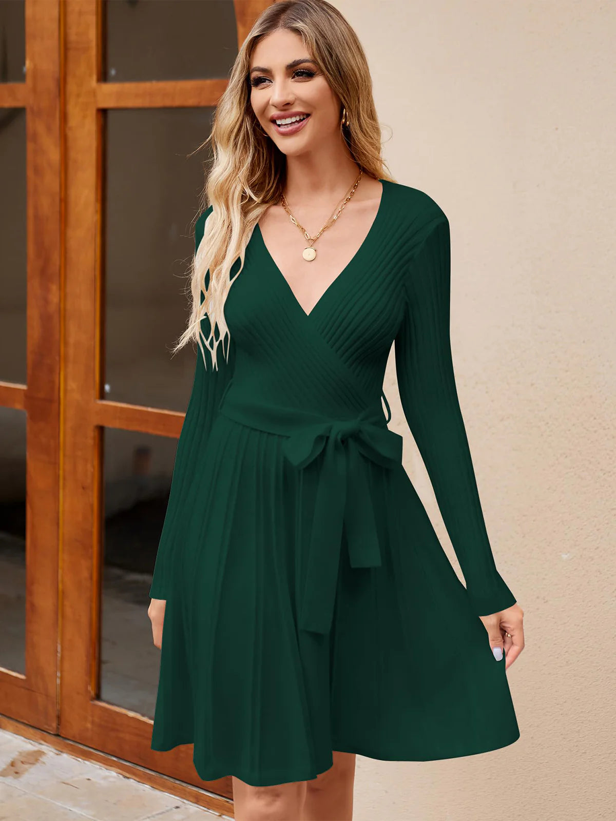 2026 Wrap V-Neck Knit Dress