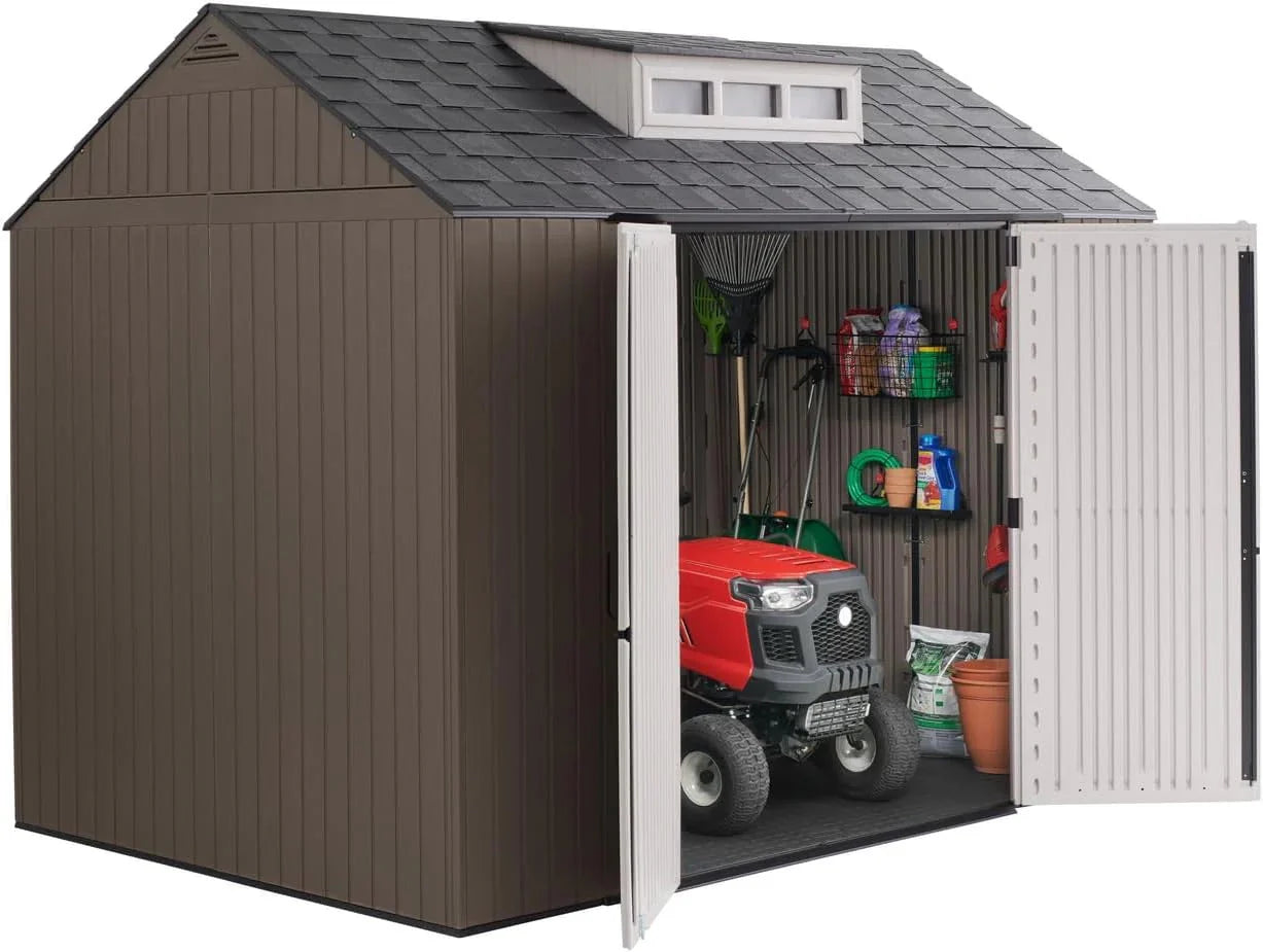2026 Rubbermaid resin garden shed with floor (2.13 x 2.13 m), weatherproof, grey, for storing garden tools, lawnmowers, bicycles and pool accessories