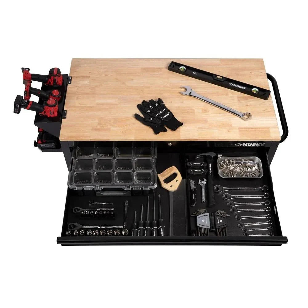 2026 Mobile workbench with 9 drawers, hardwood top and power connection, 117 cm W x 62 cm D – high-gloss black