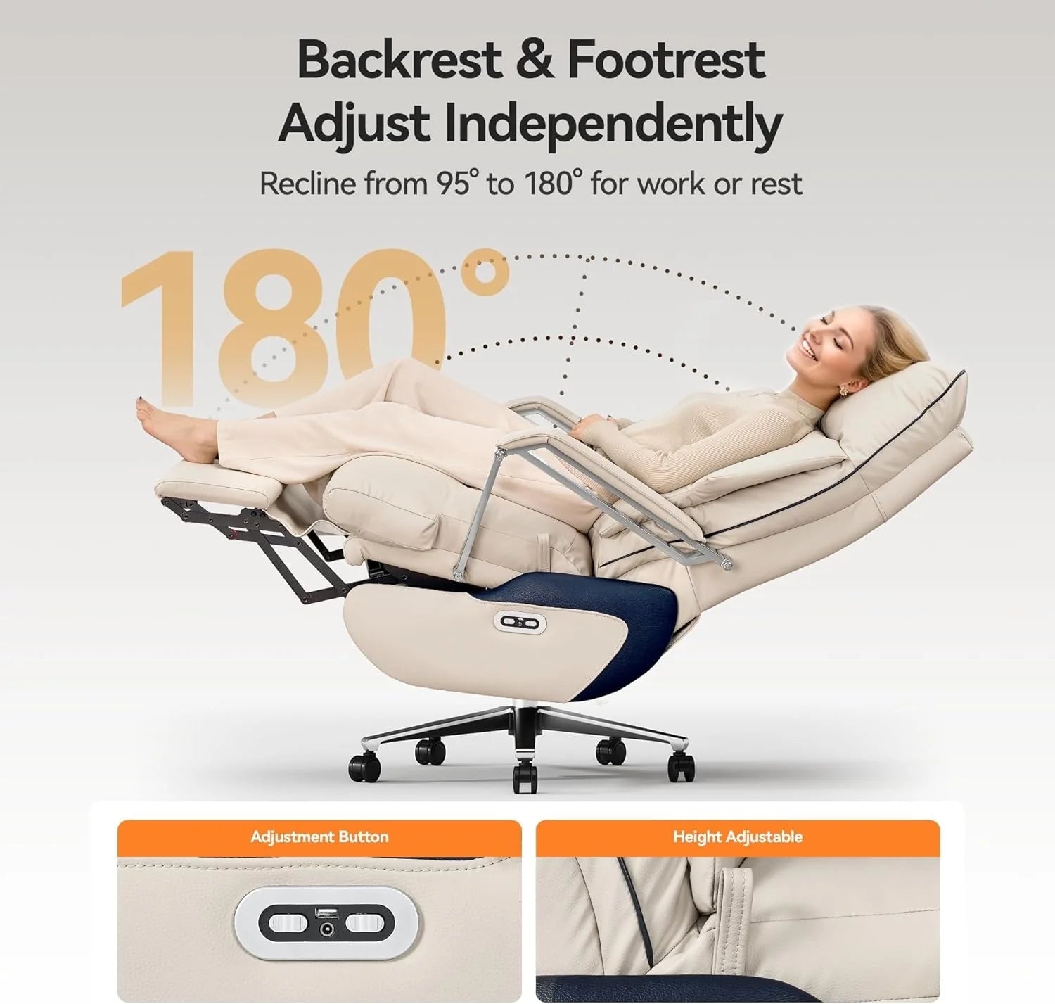 2026 M80 executive chair with two motors and footrest, for tall and heavy people, up to 190 kg, beige