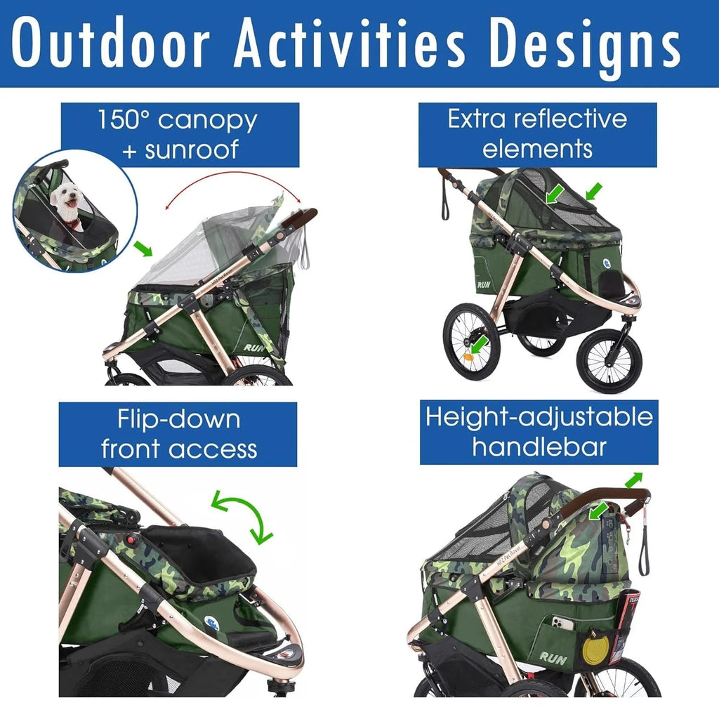 2026 Jogging Sports Stroller with Comfort Rubber Wheels/Zipper-Less Entry/1-Hand Quick Fold/Aluminum Frame for Small/Medium Dogs, Cats and Pets (Green Camo)