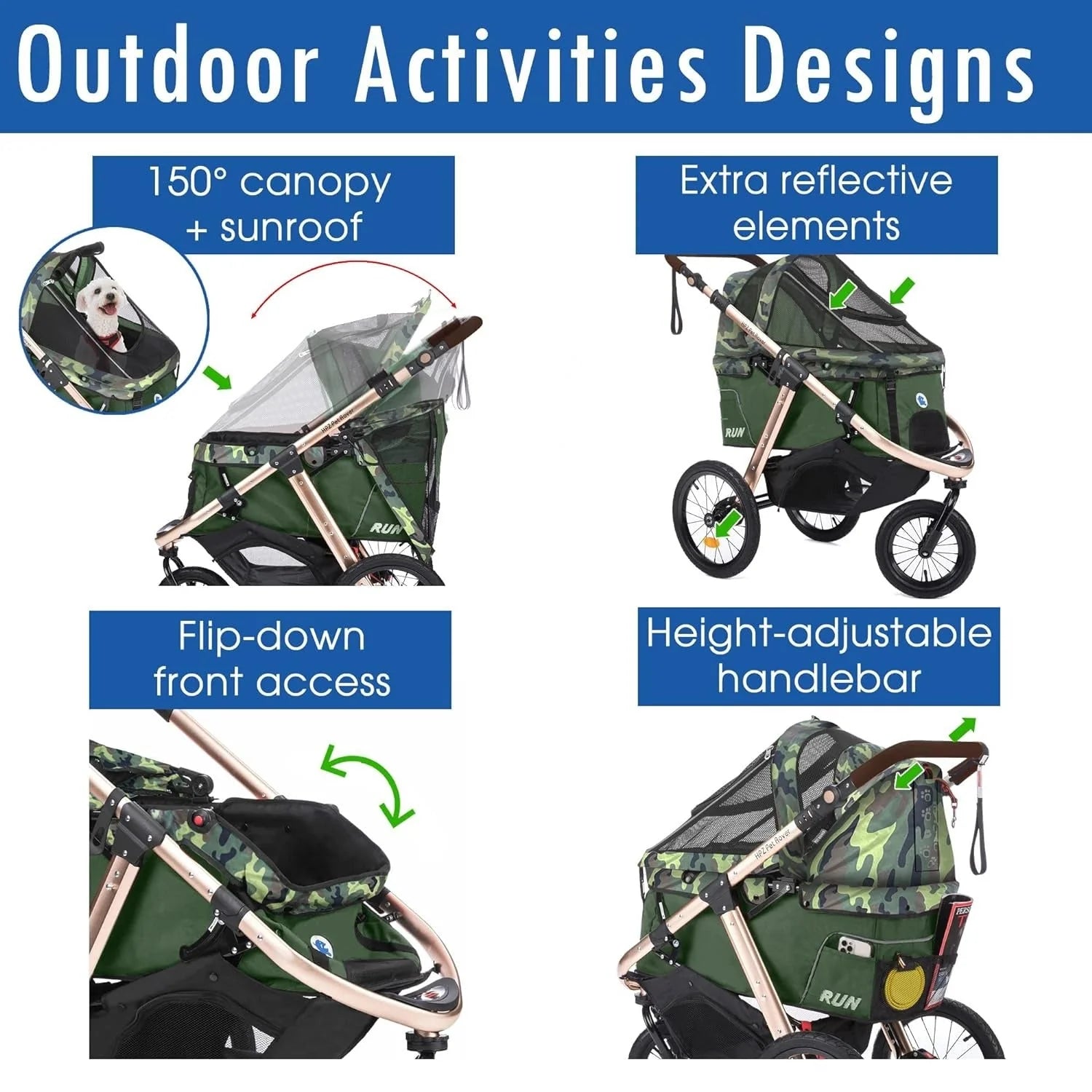2026 Jogging Sports Stroller with Comfort Rubber Wheels/Zipper-Less Entry/1-Hand Quick Fold/Aluminum Frame for Small/Medium Dogs, Cats and Pets (Green Camo)