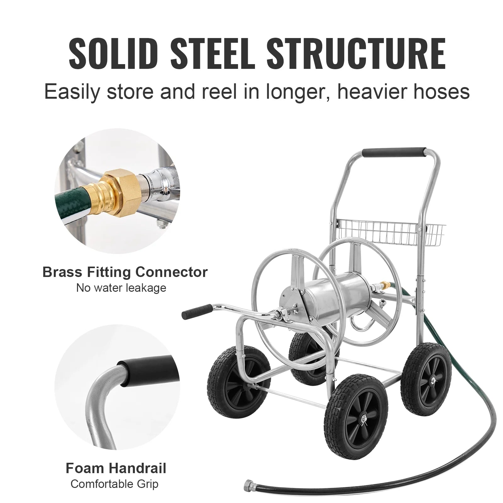 2026 VEVOR Hose Reel Cart, Hold Up to 250 ft of 5/8???? Hose, Garden Water Hose Carts Mobile Tools with 4 Wheels, Heavy Duty Powder-coated Steel Outdoor Planting with Storage Basket, for Garden, Yard, Lawn