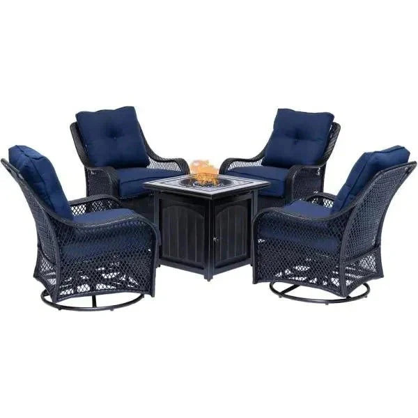 2026 2025 5-piece steel patio fire pit seating set with navy blue cushions, swivel gliders and square fire pit table