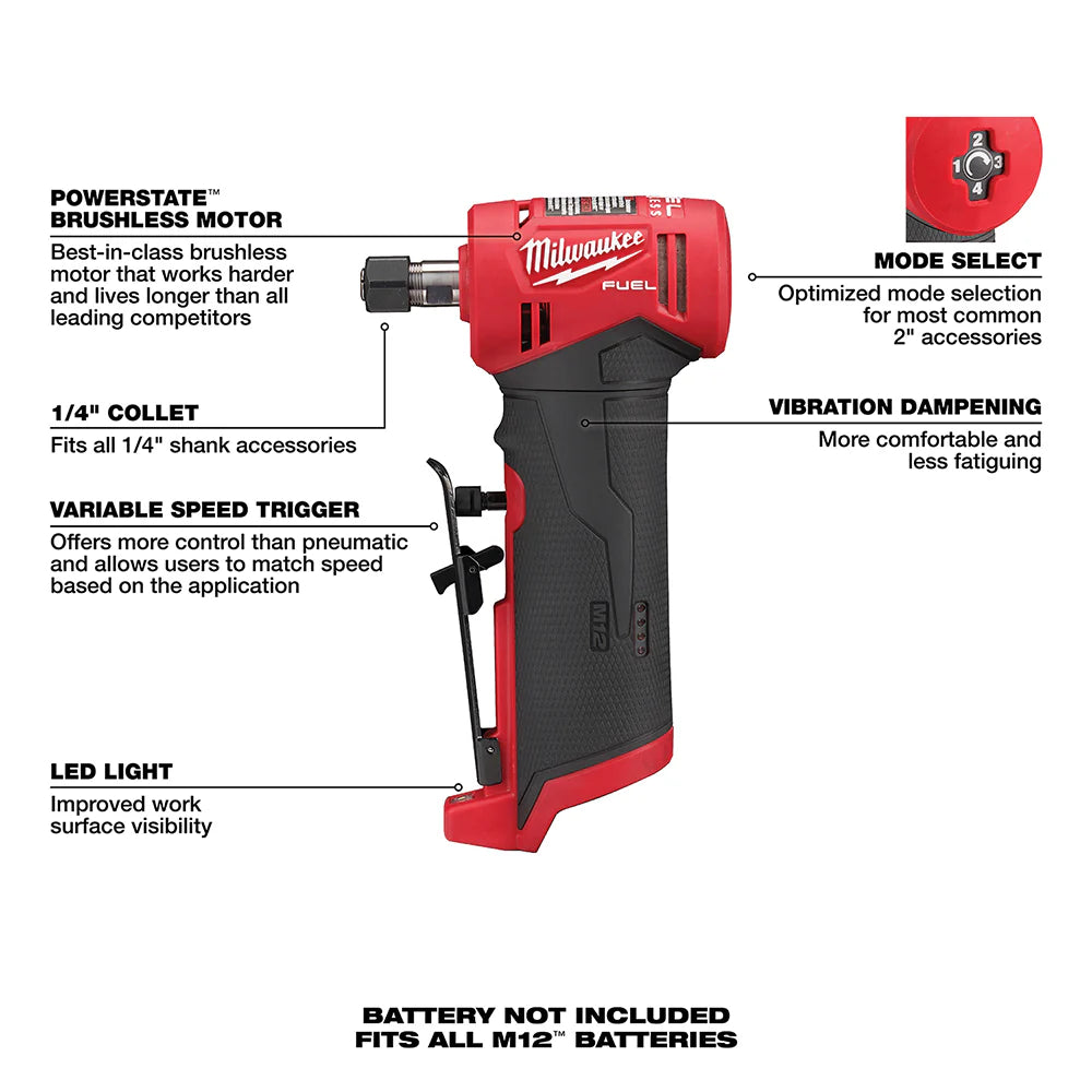 2026 Milwaukee 2485-20 M12 FUEL 12V 1/4" Cordless Right Angle Die Grinder - Bare Tool
