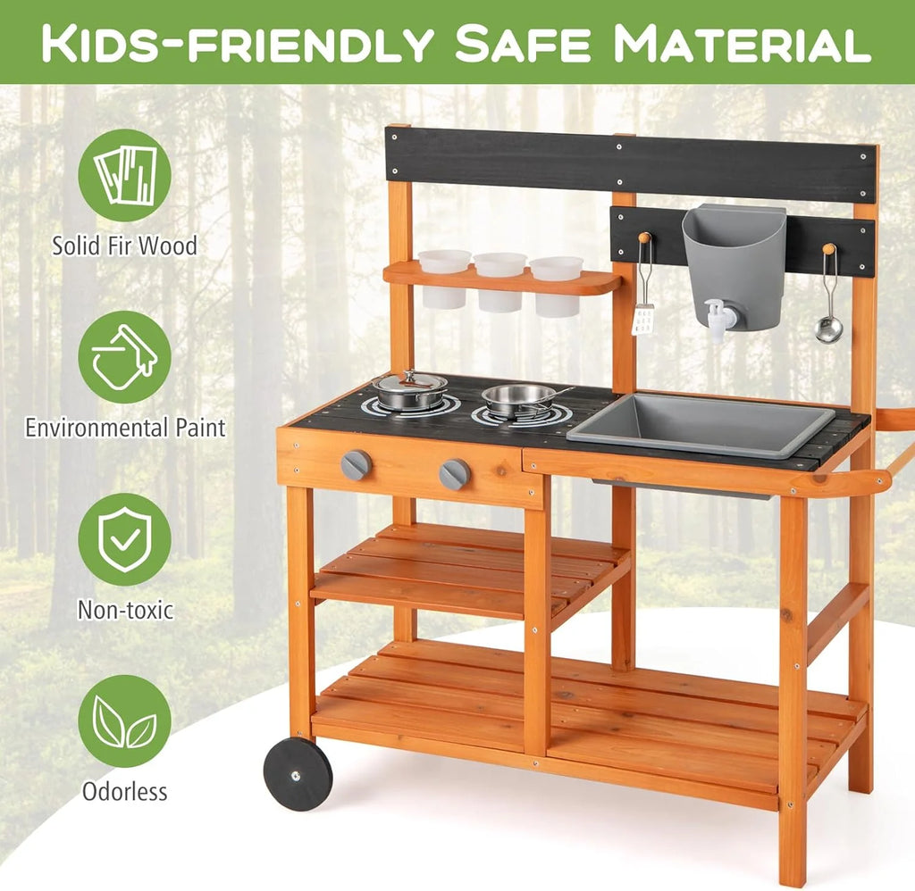 2026 OLAKIDS Mud Kitchen, Outdoor Play Kitchen with Wheels 3 Cups Removable Sink Cooking Accessories Wooden Kids Kitchen Playset Backyard Garden Toys Gift for Boys Girls Ages 3+
