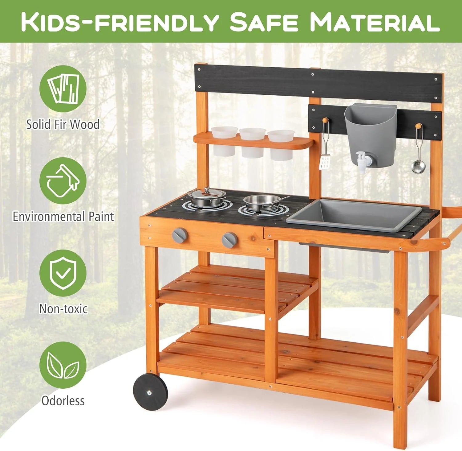 2026 OLAKIDS Mud Kitchen, Outdoor Play Kitchen with Wheels 3 Cups Removable Sink Cooking Accessories Wooden Kids Kitchen Playset Backyard Garden Toys Gift for Boys Girls Ages 3+