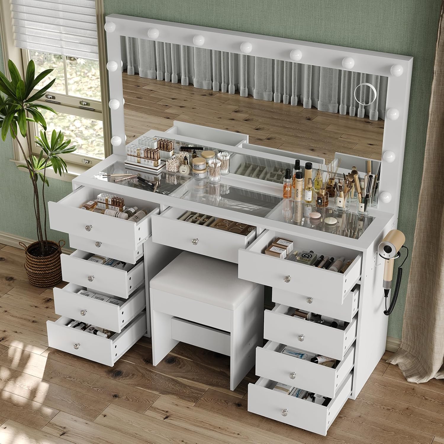 2026 New YANOSAKU Vanity Desk with Mirror, LED Lights & 11 Drawers