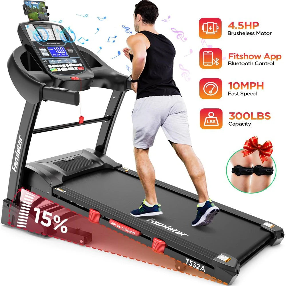 2026 Famistar Folding Treadmill for Home with 15 Levels Auto Incline, 300LB Capcity, 10MPH Fast Speed Controls