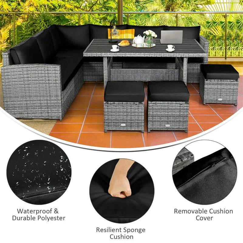2026 7 Pcs Rattan Patio Dining Furniture Sectional Sofa Set with Dining Table, Ottomans & Cushions