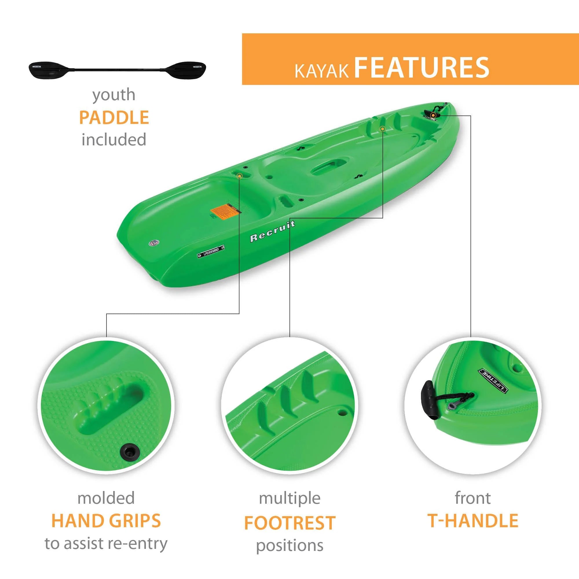 2026 Lifetime Recruit 6.5 ft Youth Sit-on-Top Kayak, Lime Green (90765)