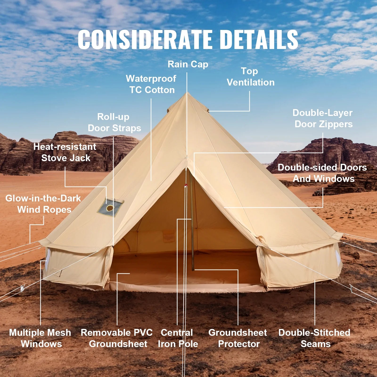 2026 KFFKFF Canvas Bell Tent 6m/19.68ft 4-Season Camping Yurt Tent with Stove Jack