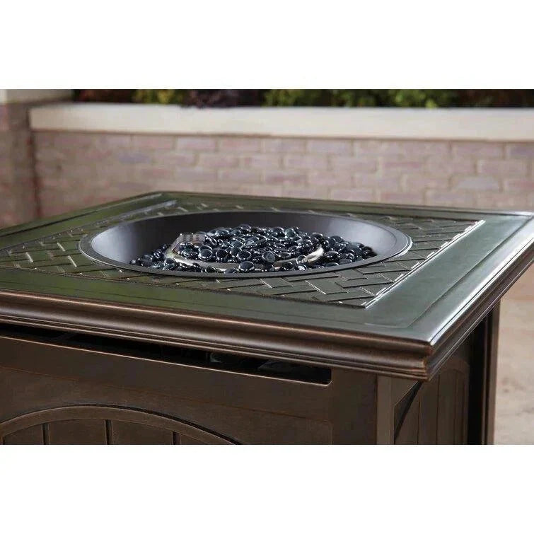 2026 2025 5-piece steel patio fire pit seating set with navy blue cushions, swivel gliders and square fire pit table