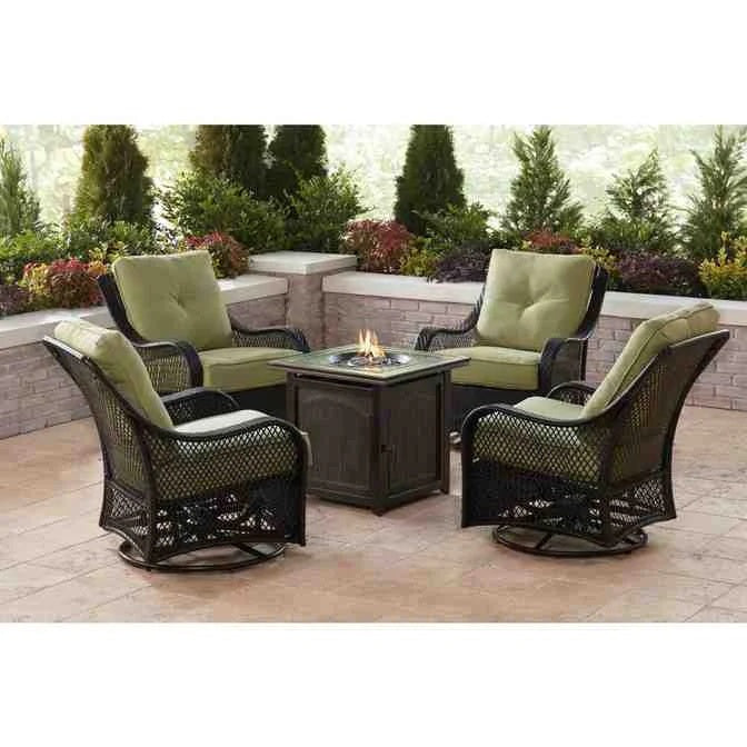 2026 2025 5-piece steel patio fire pit seating set with navy blue cushions, swivel gliders and square fire pit table