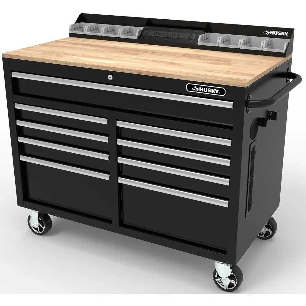 2026 Mobile workbench with 9 drawers, hardwood top and power connection, 117 cm W x 62 cm D – high-gloss black