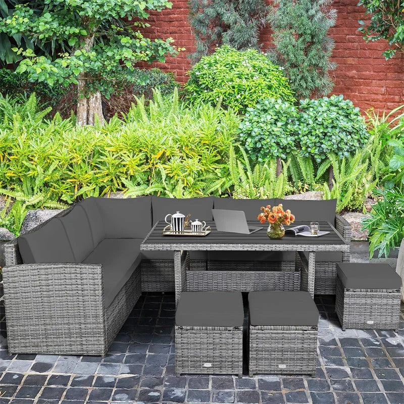 2026 7 Pcs Rattan Patio Dining Furniture Sectional Sofa Set with Dining Table, Ottomans & Cushions
