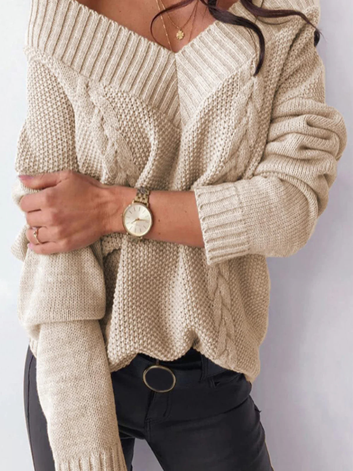 2026 Deep V-Neck Cable Knit Sweater