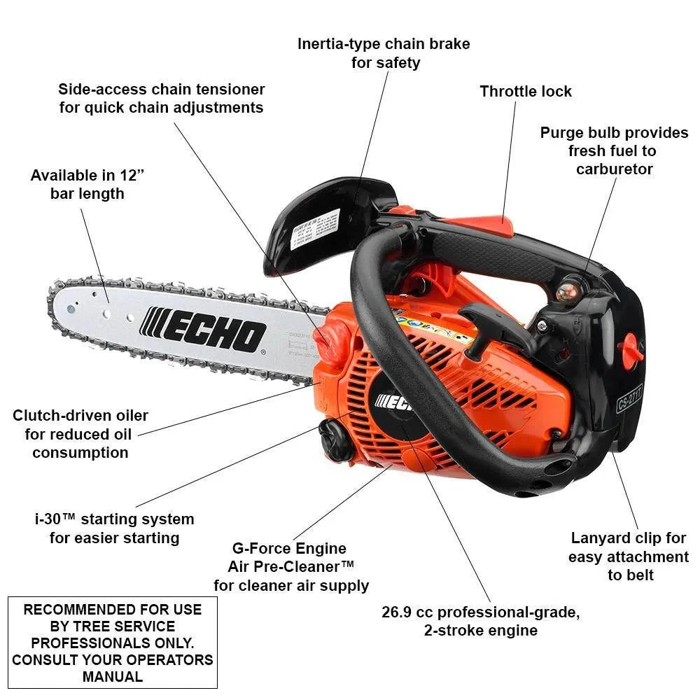 2026 12-inch (30.5 cm) petrol two-stroke chainsaw with 26.9 cm³ displacement and top handle