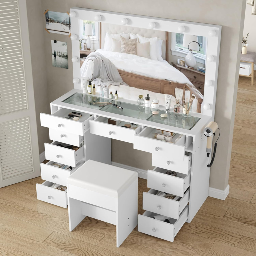 2026 New YANOSAKU Vanity Desk with Mirror, LED Lights & 11 Drawers