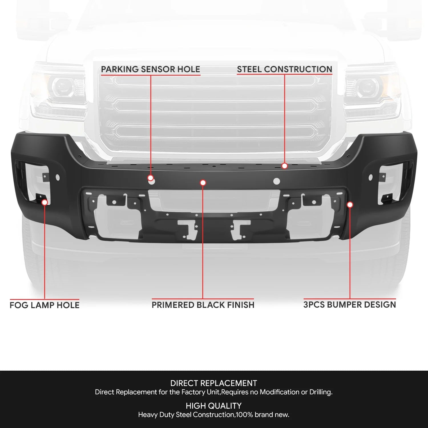 Modular Style Front Bumper w/ Parking Sensor Holes15-19 GMC Sierra 2500 3500 HD