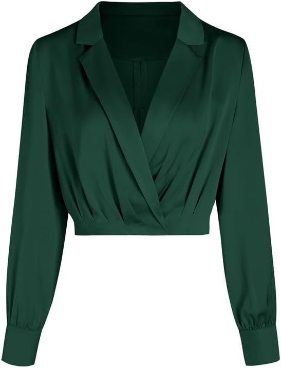 Jillumi Women's Elegant Satin Wrap Crop Tops Long Sleeve Silk Shirt