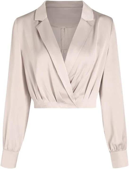 Jillumi Women's Elegant Satin Wrap Crop Tops Long Sleeve Silk Shirt