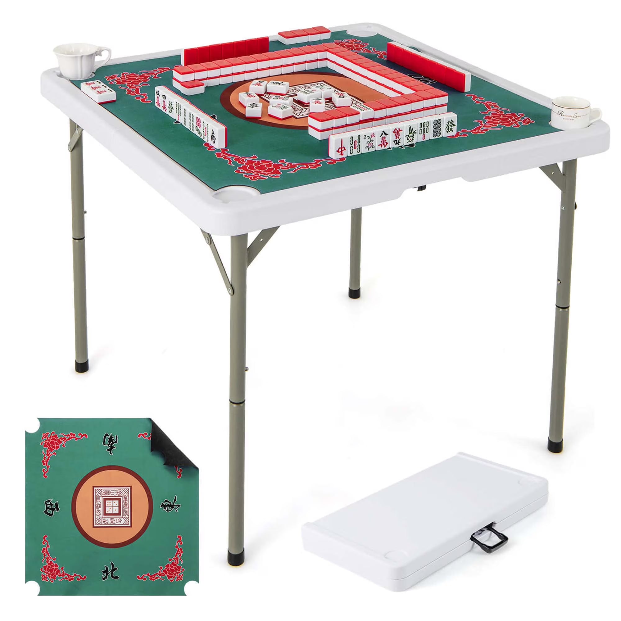 2026 Costway 35" Folding Mahjong Table with Cup Holders & Smooth Felt Mat Carrying Handle Green