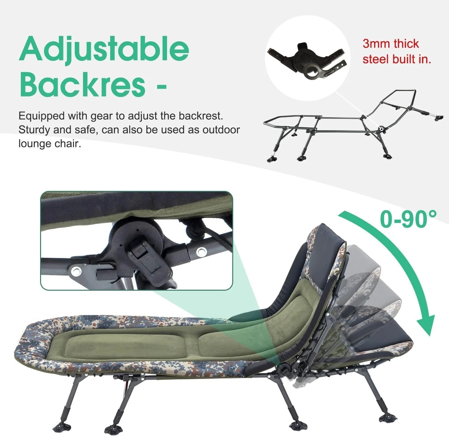 2026 Camping Cots for Adults 330Lbs with Carry Bag, Heavy Duty Folding Bed with Soft Padded Cushion, Portable Military Cot for Hunting, 180° Adjustable Reclining Outdoor Lounger