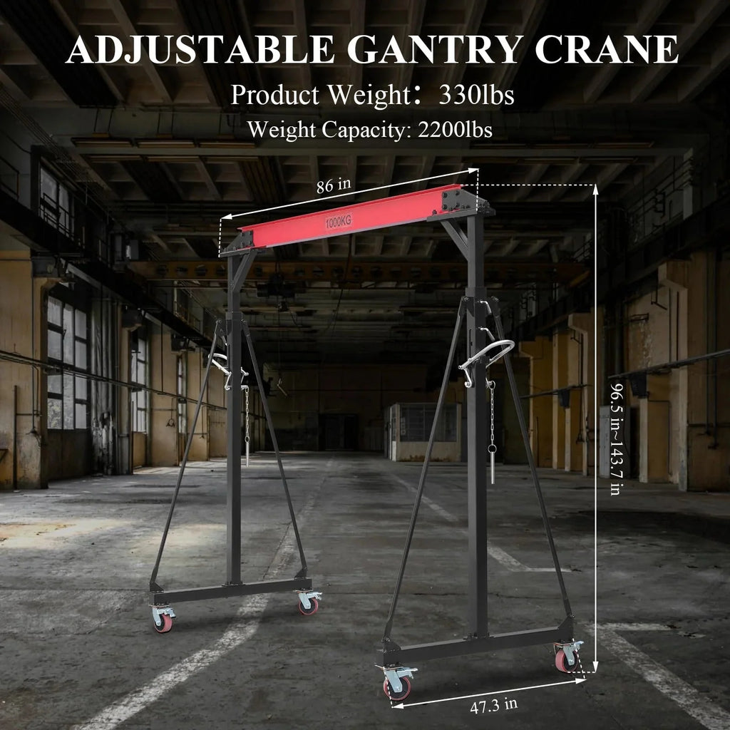 2026 2025 1-ton gantry crane, adjustable, 2200 lbs lifting capacity, height adjustable 96.5"-143.7", portable hoist for factory, construction site, warehouse, auto repair shop