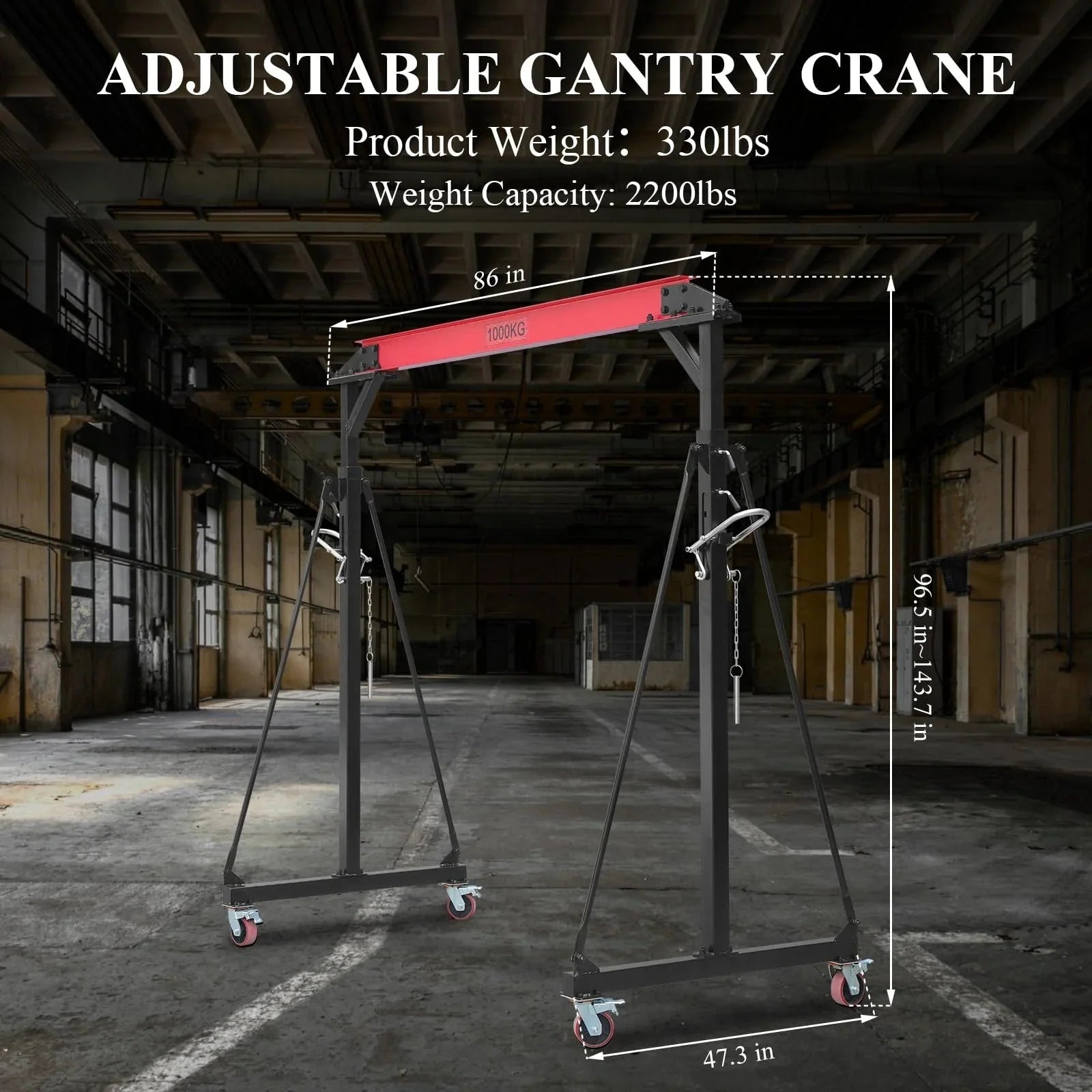2026 2025 1-ton gantry crane, adjustable, 2200 lbs lifting capacity, height adjustable 96.5"-143.7", portable hoist for factory, construction site, warehouse, auto repair shop