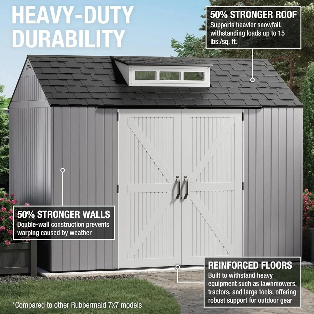 2026 Rubbermaid resin garden shed with floor (2.13 x 2.13 m), weatherproof, grey, for storing garden tools, lawnmowers, bicycles and pool accessories