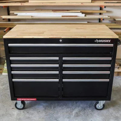 2026 Mobile workbench with 9 drawers, hardwood top and power connection, 117 cm W x 62 cm D – high-gloss black