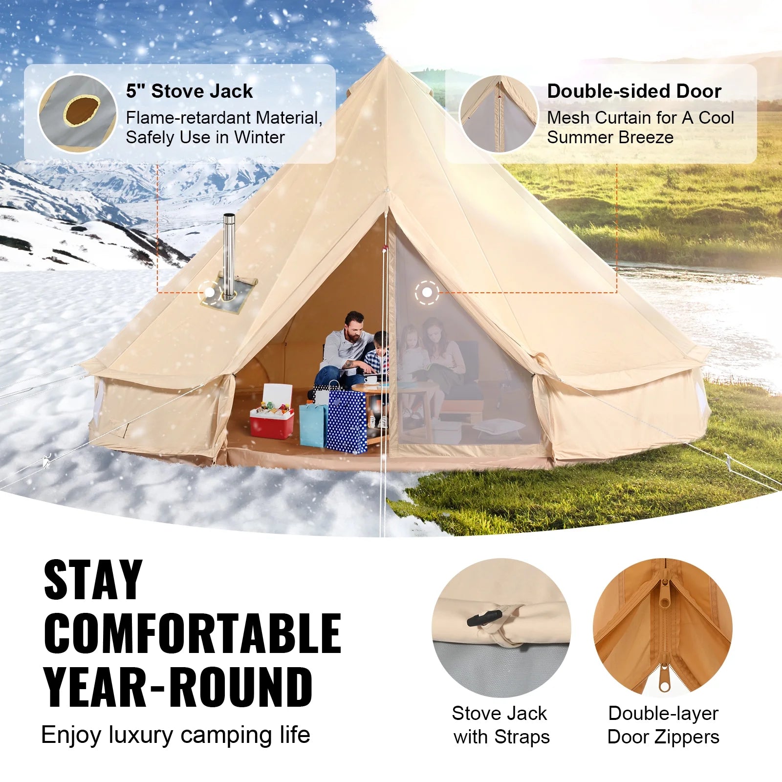 2026 KFFKFF Canvas Bell Tent 6m/19.68ft 4-Season Camping Yurt Tent with Stove Jack