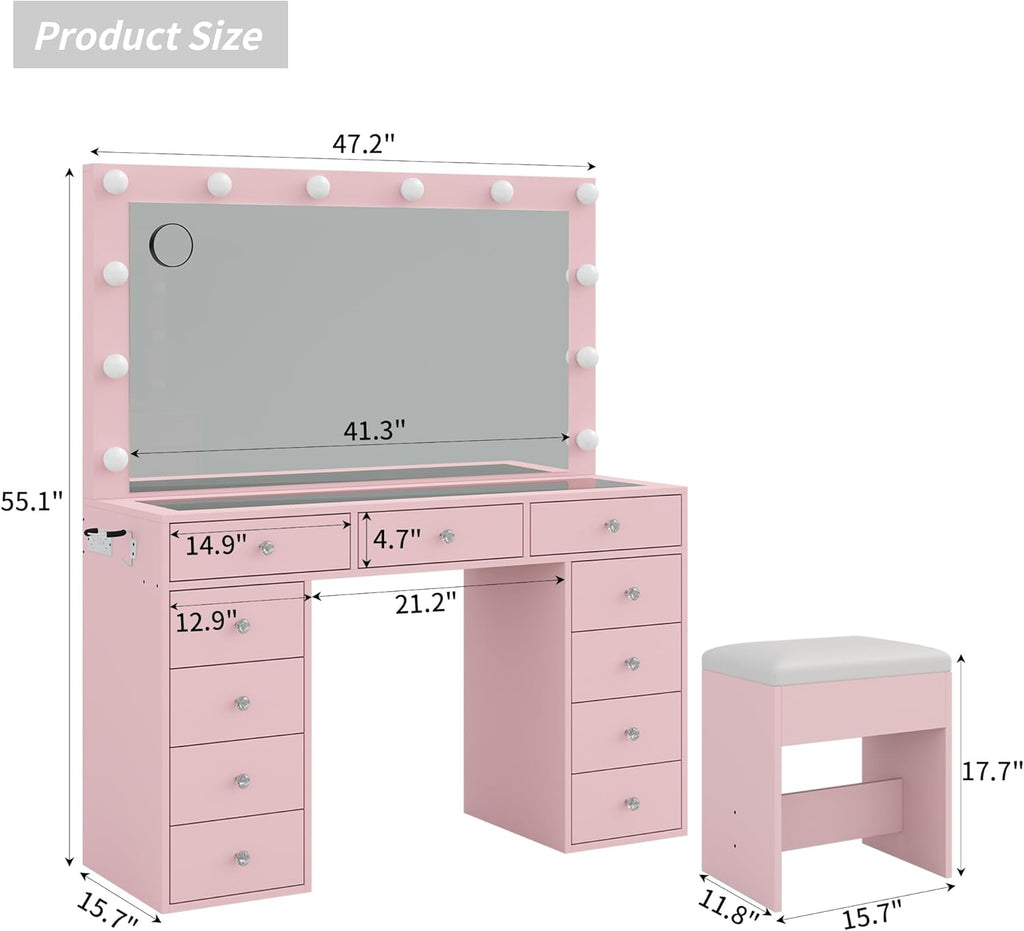 2026 New YANOSAKU Vanity Desk with Mirror, LED Lights & 11 Drawers