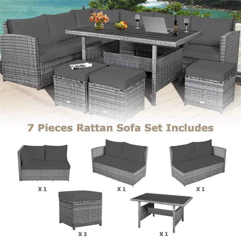 2026 7 Pcs Rattan Patio Dining Furniture Sectional Sofa Set with Dining Table, Ottomans & Cushions
