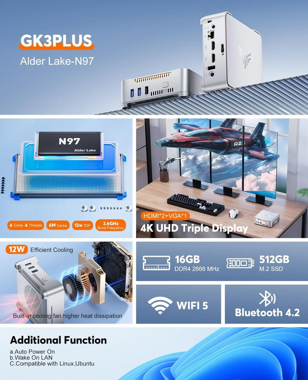 2026 KAMRUI GK3Plus Mini PC, 16GB RAM, 512GB M.2 SSD Mini Computer