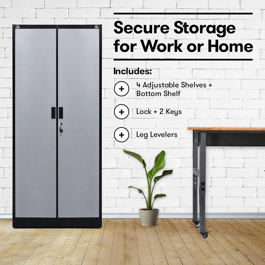 2026 Heavy Duty Metal Garage Locker - 71 "tall large steel multipurpose locker with adjustable shelves and door locks - black and silver