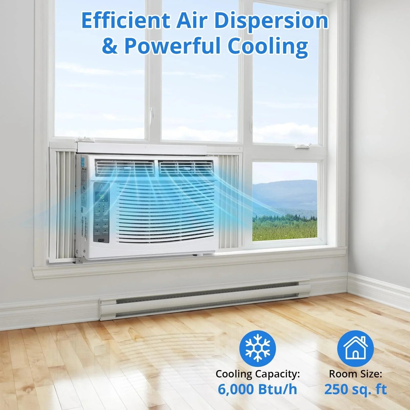 2026 Window air conditioner with reusable filter and controls, 6000 BTU, 115 V~, suitable for rooms up to 250 square feet