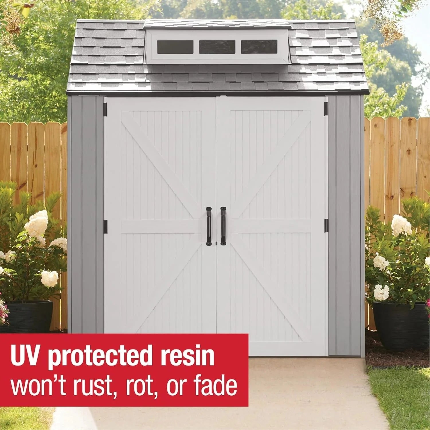 2026 Rubbermaid resin garden shed with floor (2.13 x 2.13 m), weatherproof, grey, for storing garden tools, lawnmowers, bicycles and pool accessories