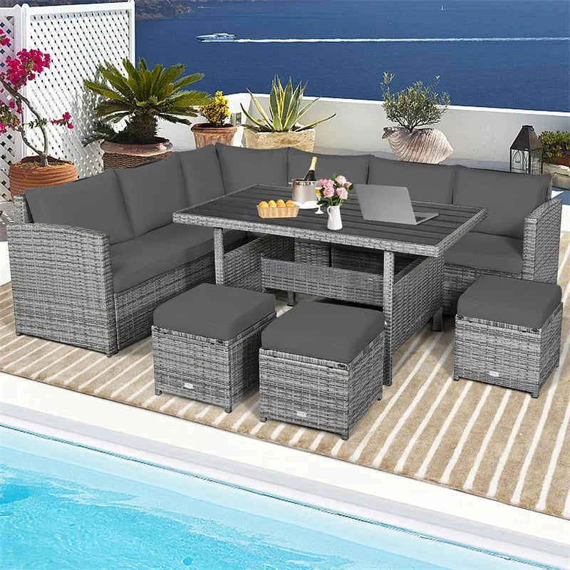 2026 7 Pcs Rattan Patio Dining Furniture Sectional Sofa Set with Dining Table, Ottomans & Cushions