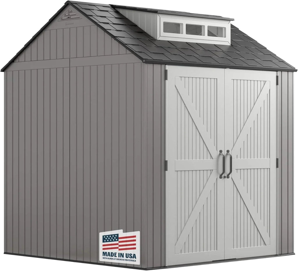 2026 Rubbermaid resin garden shed with floor (2.13 x 2.13 m), weatherproof, grey, for storing garden tools, lawnmowers, bicycles and pool accessories