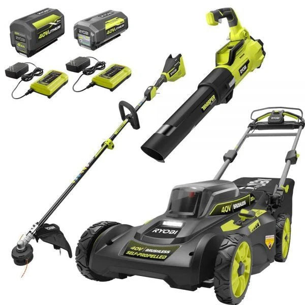 2026 2025 40V Brushless 20-inch Self-Propelled Hand Lawn Mower, Grass Trimmer and Leaf Blower with (2) Batteries and (2) Chargers