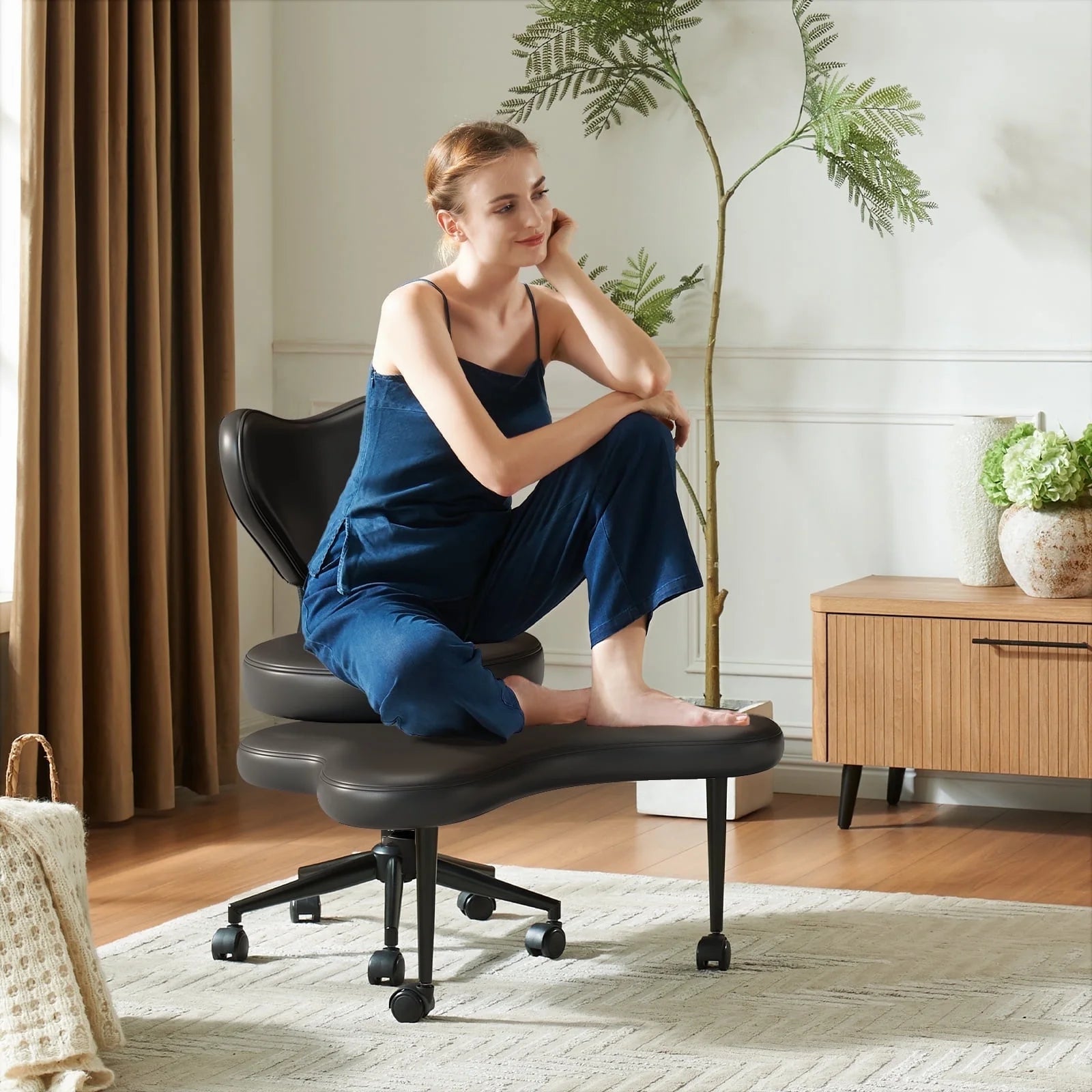 2026 Pinmoco Ergonomic Cross Legged Swivel Chair, Adjustable Height and Teddy Fabric, Meditation& ADHD Chair with Back Support, Home and Office, Off White