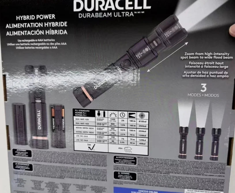 2026 Duracell Hybrid Flashlight, 1500 Lumens, 4-count
