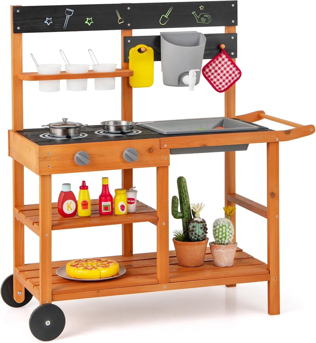 2026 OLAKIDS Mud Kitchen, Outdoor Play Kitchen with Wheels 3 Cups Removable Sink Cooking Accessories Wooden Kids Kitchen Playset Backyard Garden Toys Gift for Boys Girls Ages 3+