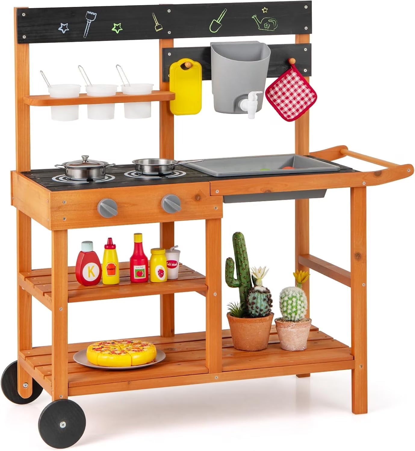 2026 OLAKIDS Mud Kitchen, Outdoor Play Kitchen with Wheels 3 Cups Removable Sink Cooking Accessories Wooden Kids Kitchen Playset Backyard Garden Toys Gift for Boys Girls Ages 3+