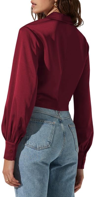 Jillumi Women's Elegant Satin Wrap Crop Tops Long Sleeve Silk Shirt