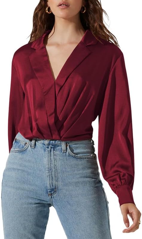 Jillumi Women's Elegant Satin Wrap Crop Tops Long Sleeve Silk Shirt