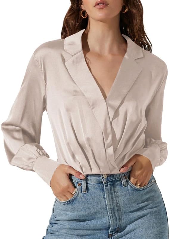 Jillumi Women's Elegant Satin Wrap Crop Tops Long Sleeve Silk Shirt