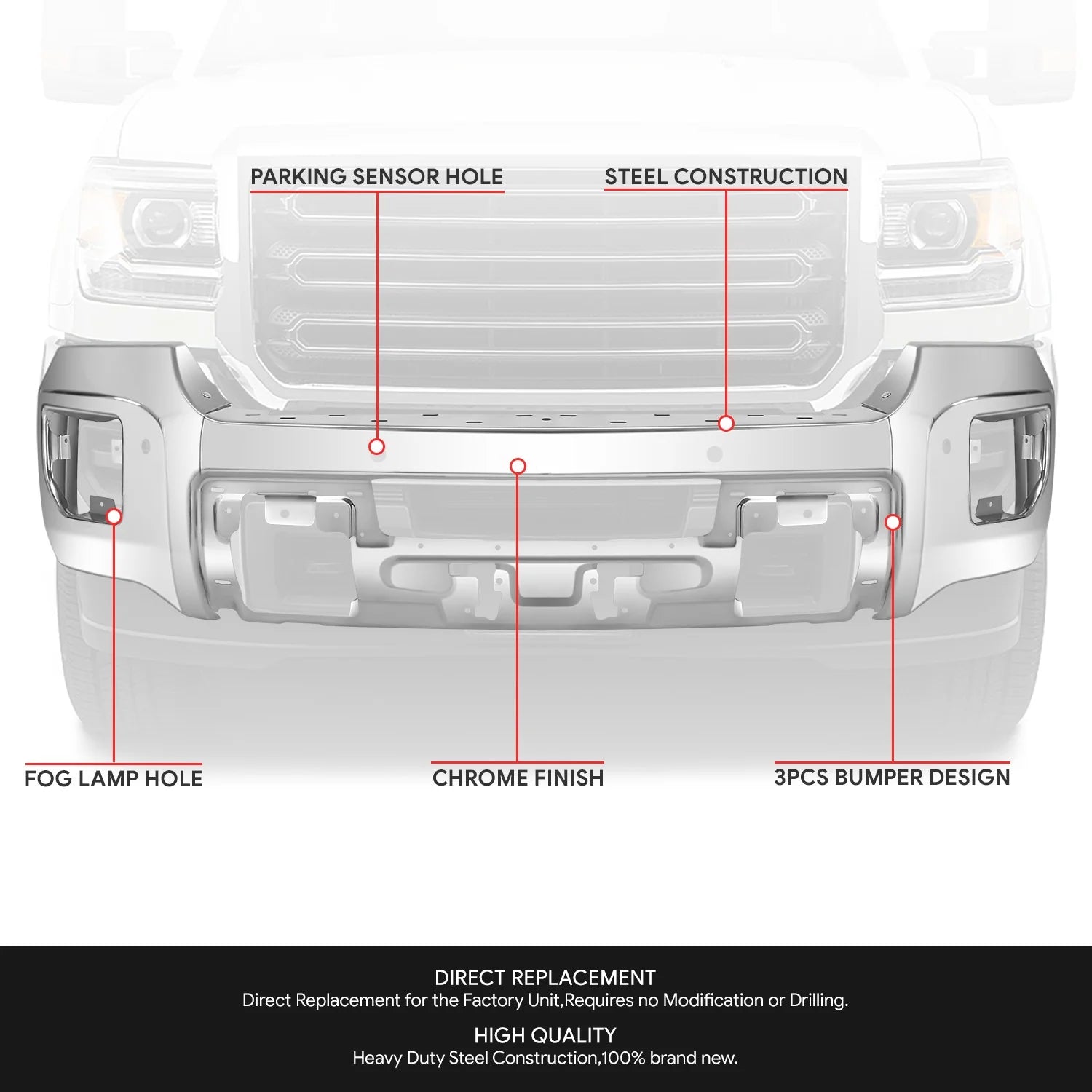 Modular Style Front Bumper w/ Parking Sensor Holes15-19 GMC Sierra 2500 3500 HD